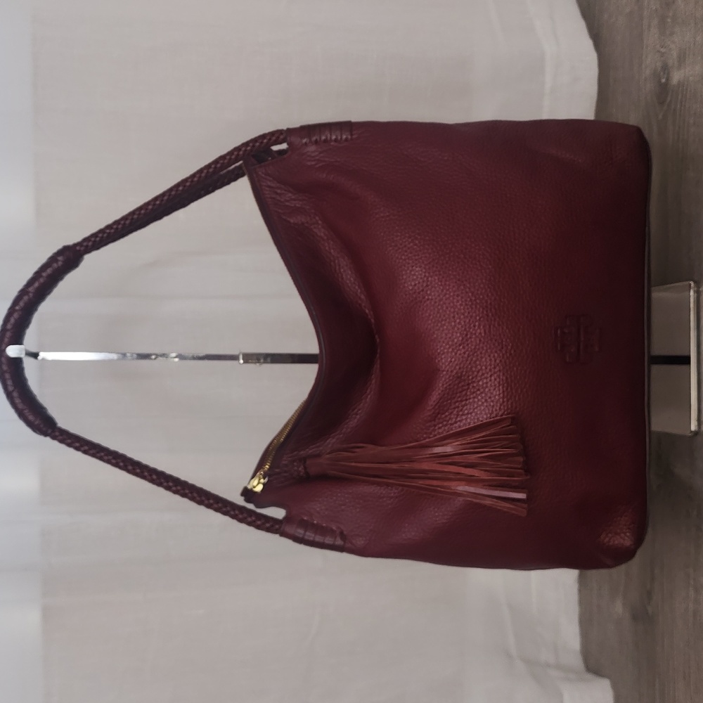 Tory Burch Taylor Imperial Garnet pebble leather hobo bag braided handles